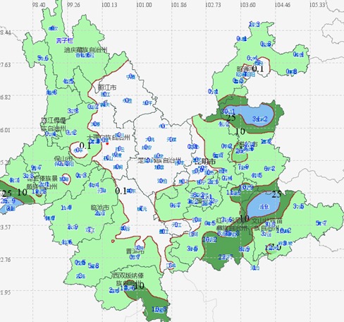 降雨主要出现在滇中东部,滇东,滇西及滇南边缘地区