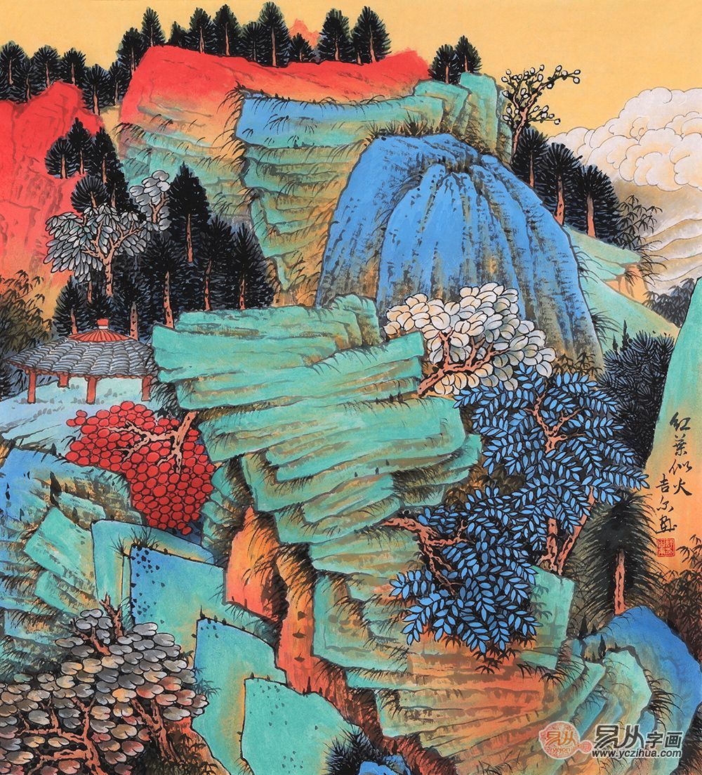 许吉尔山水画欣赏三:工笔重彩山水画 画家许吉尔的工笔重彩山水画,以