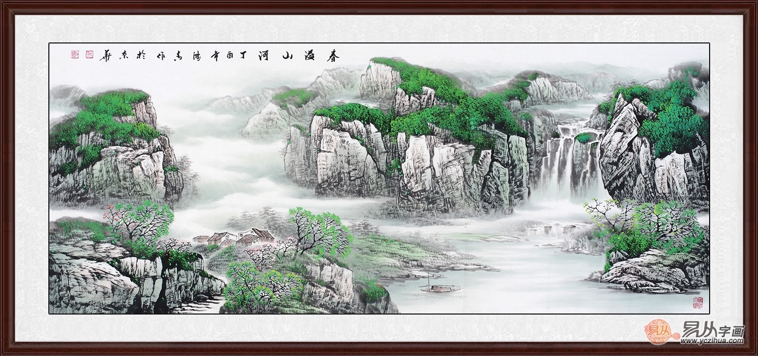 刘海青老师的这幅《春溢山河》正是描绘春天的晨景,画家采用俯视的