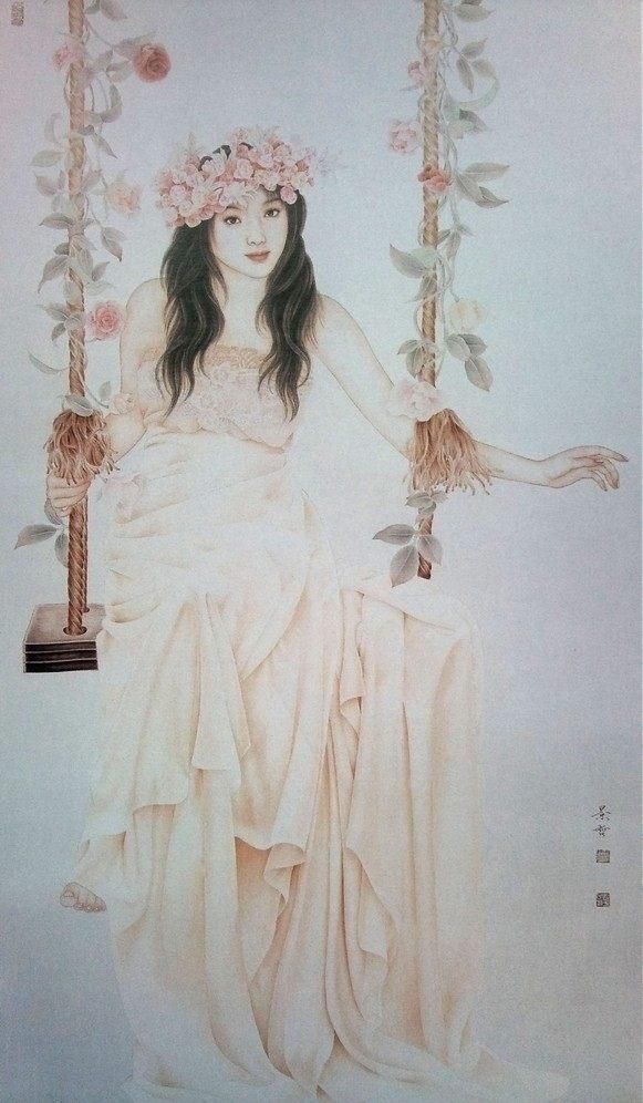 认识中国传统工笔画的色彩,欣赏工笔人体艺术画里淡雅如仙的少女