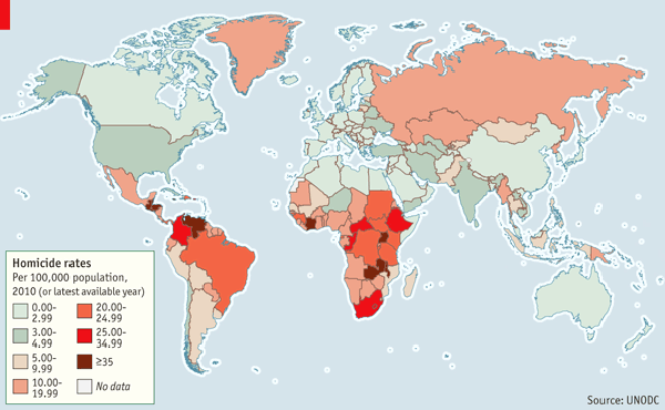 2010年全球谋杀率地图(每10万人,颜色越深代表谋杀率越高,数据来源
