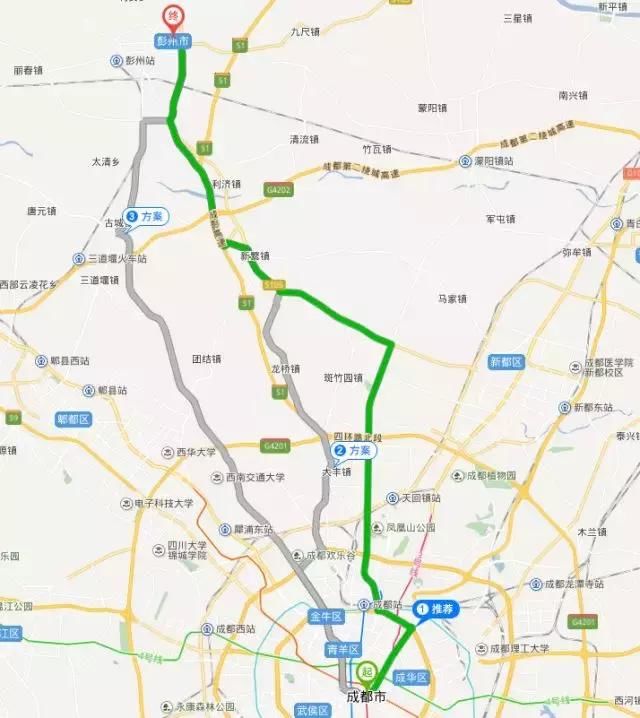 线路2:成都--北三环一段--金丰高架--成彭高速--彭州