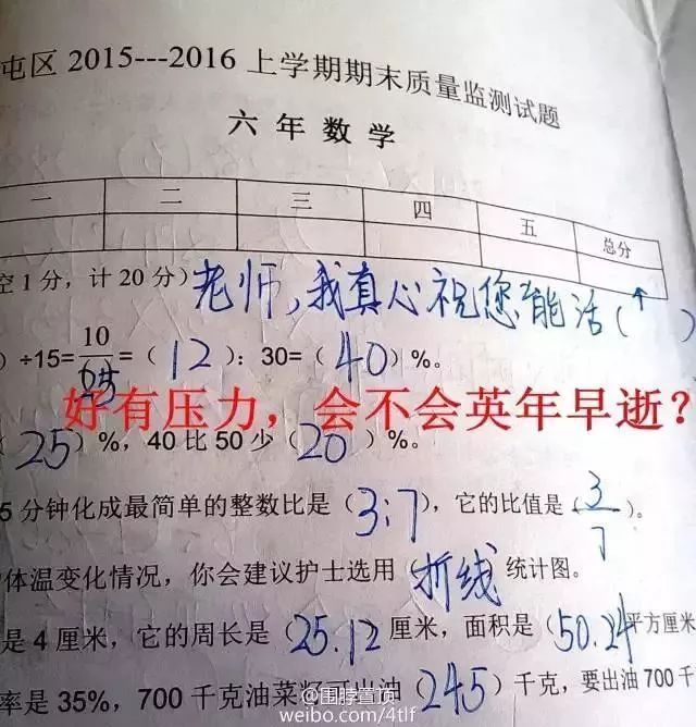 紫金小学生逆天考卷:给我多少分老师就能活多少岁!