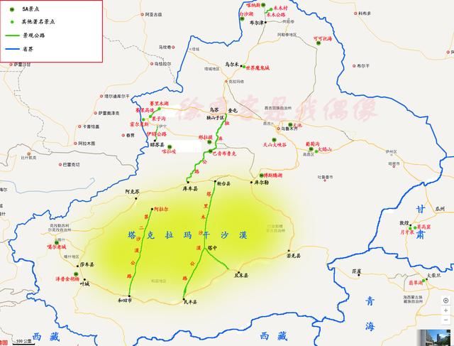 新疆旅游地图 最美景观公路: 塔里木沙漠公路:轮台-民丰,全长522公里