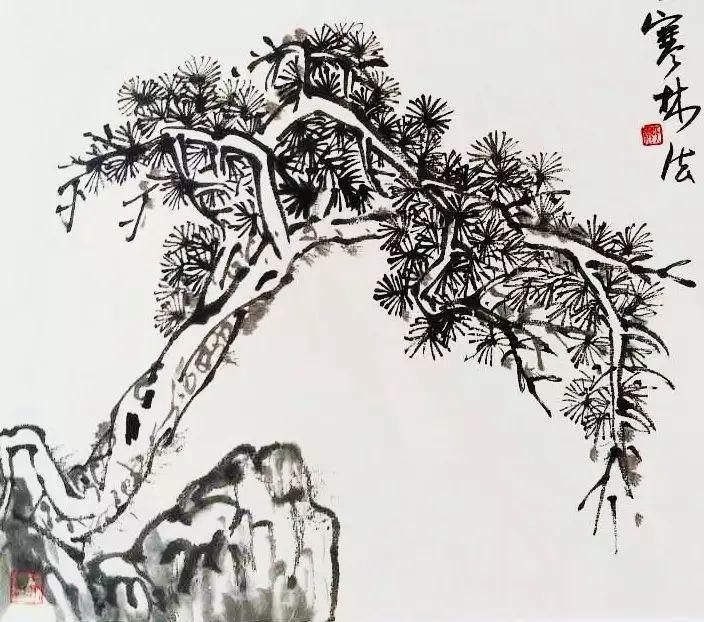 (明)吴伟树法松树的勾点密密沉沉,浓枝淡点,看似散乱,却在不经意间