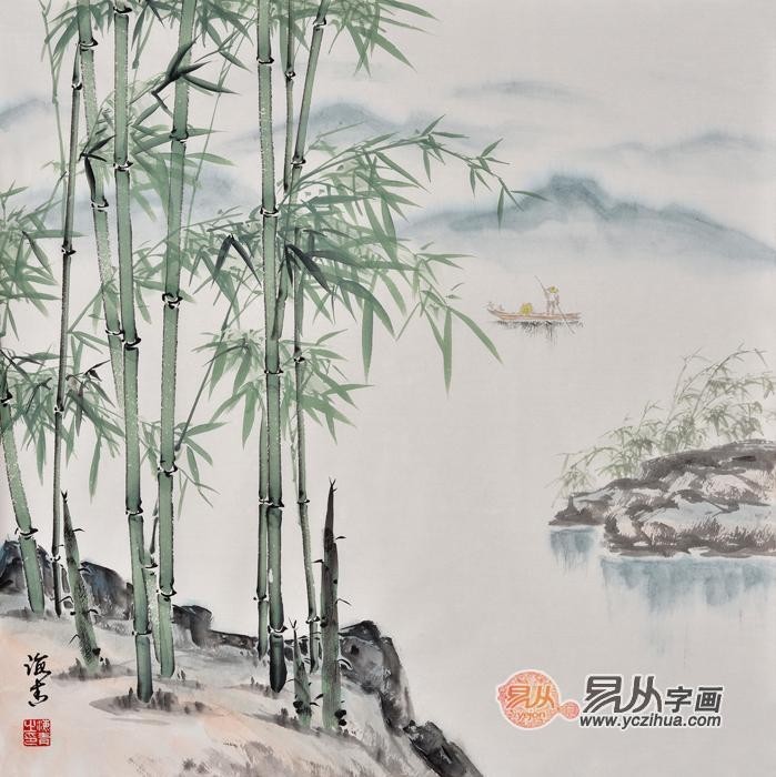 国画竹石图  刘海青竹子山水画作品《平安吉祥》