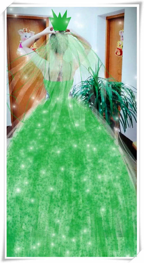 不过这个绿色的婚纱还带着亮晶晶的点缀,还在头上画了一个同一个颜色