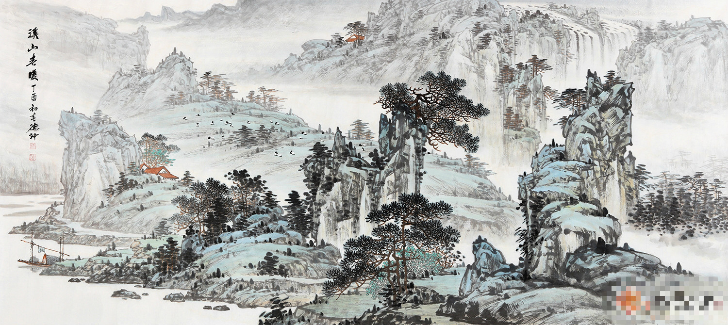 画家使用大量水墨淡染来呈现烟雾迷离的山水景色,颇有韵致,亦能增添