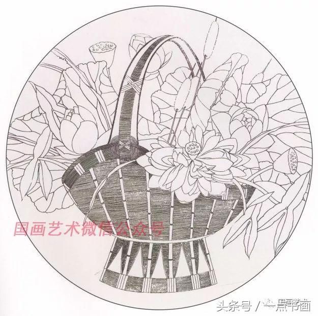 国画技法丨工笔荷花《花篮图》博古画法