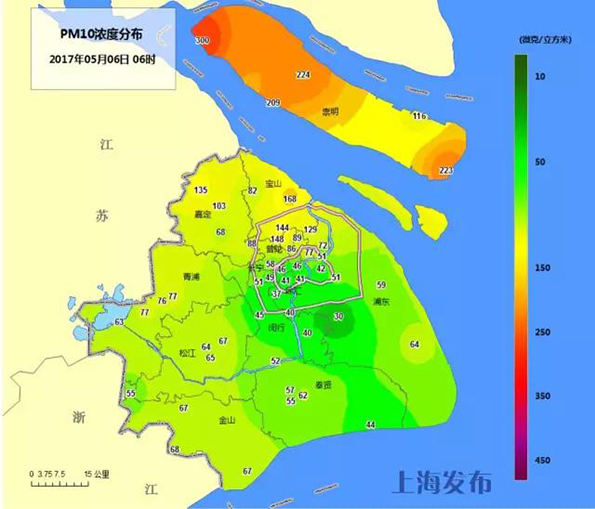 今晨6时pm10浓度分布