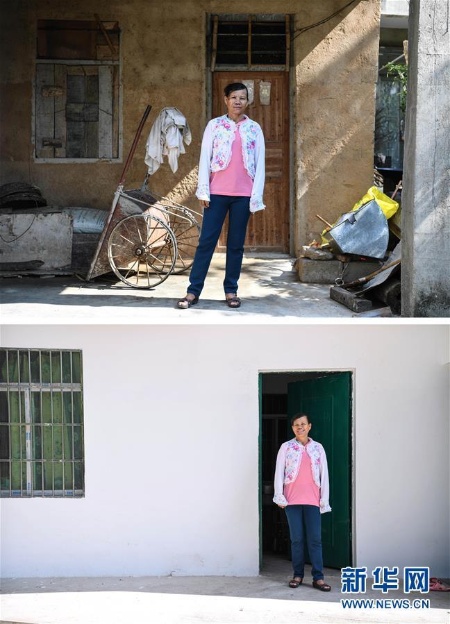 上图:番阳三村村民邢英梅站在自家老房子前(5月8日摄);下图:番阳三村村民邢英梅站在自家新房子前(拼版照片,5月8日摄)。邢英梅,54岁,番阳三村建档立卡贫困户,全家2口人,丈夫2011年去世,儿子患有间歇性精神病。老房子是瓦房,面积30平方米。2016年3月开始建设新房,政府补贴4.1万,2016年11月入住新房,新房面积50平方米。