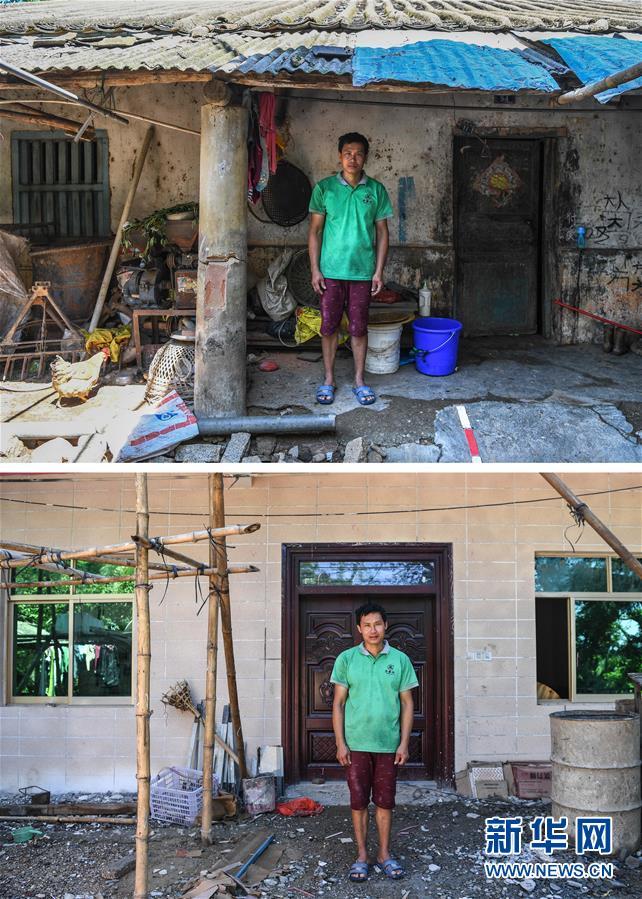 上图：番阳四村村民韦阳辉站在自家老房子前（5月12日摄）；下图：番阳四村村民韦阳辉站在自家新房子前（拼版照片，5月12日摄）。韦阳辉，40岁，番阳四村建档立卡贫困户，全家5口人。老房子是和兄弟合住的瓦房、面积50平方米。2016年5月开始建设新房，目前正在进行内部装修，政府补贴4.1万，计划2017年下半年入住，新房面积70平方米。