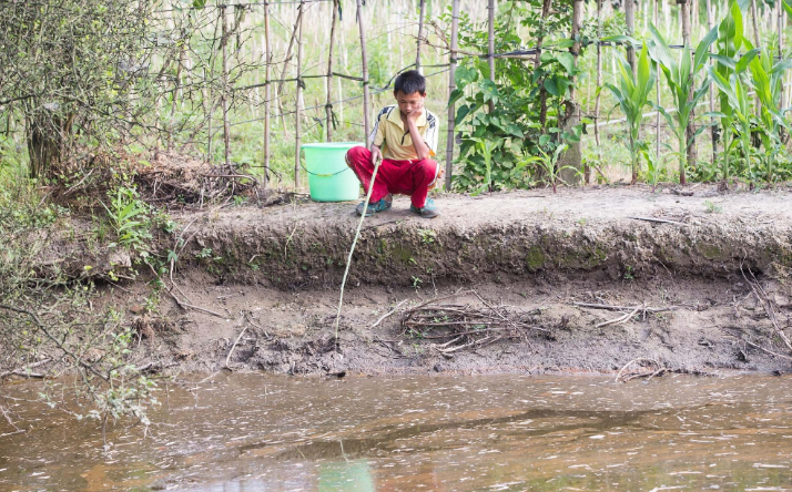 男孩烈日下钓龙虾补贴家用 一斤卖5元