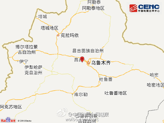 地震位置中国地震台网自动测定:04月30日21时40分在新疆昌吉州昌吉市