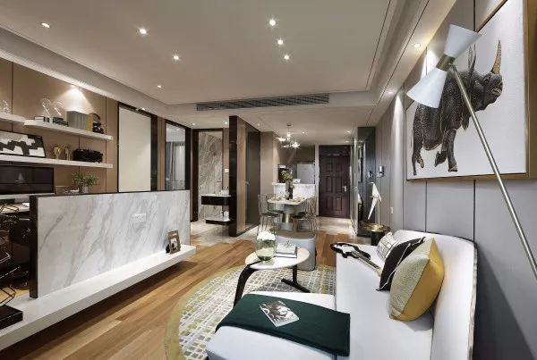 4.5米的横厅,以电视隔断墙分为3米宽客厅区和1.5米宽的书房区.