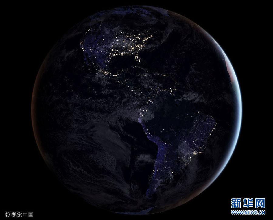4月12日讯，美国宇航局公布一张地球西半球夜晚的合成画面。