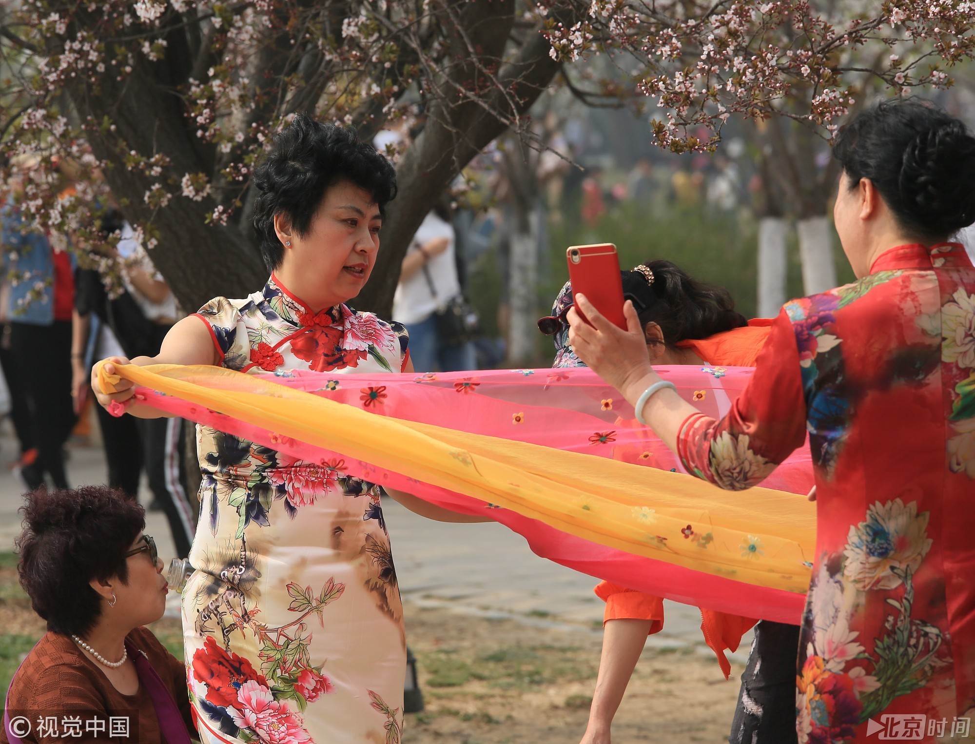 2018年4月1日，北京玉渊潭樱花节迎来首个赏花高峰期，其中有不少穿着艳丽的大妈带着她们的丝巾，在樱花前拍照留念。