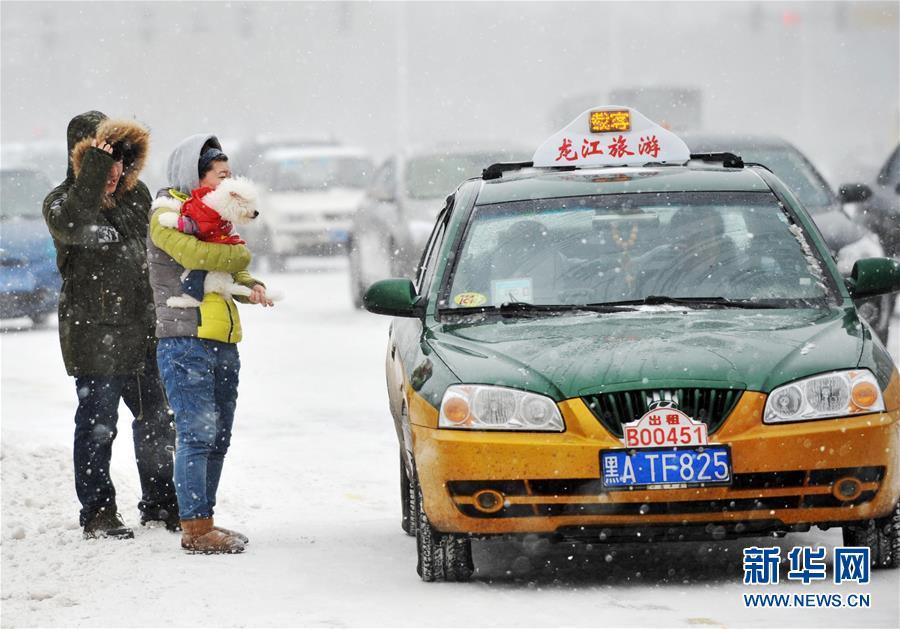 2013年3月9日，黑龙江省哈尔滨市迎来暴雪天气，准备“拼车”的市民询问出租车司机是否顺路。