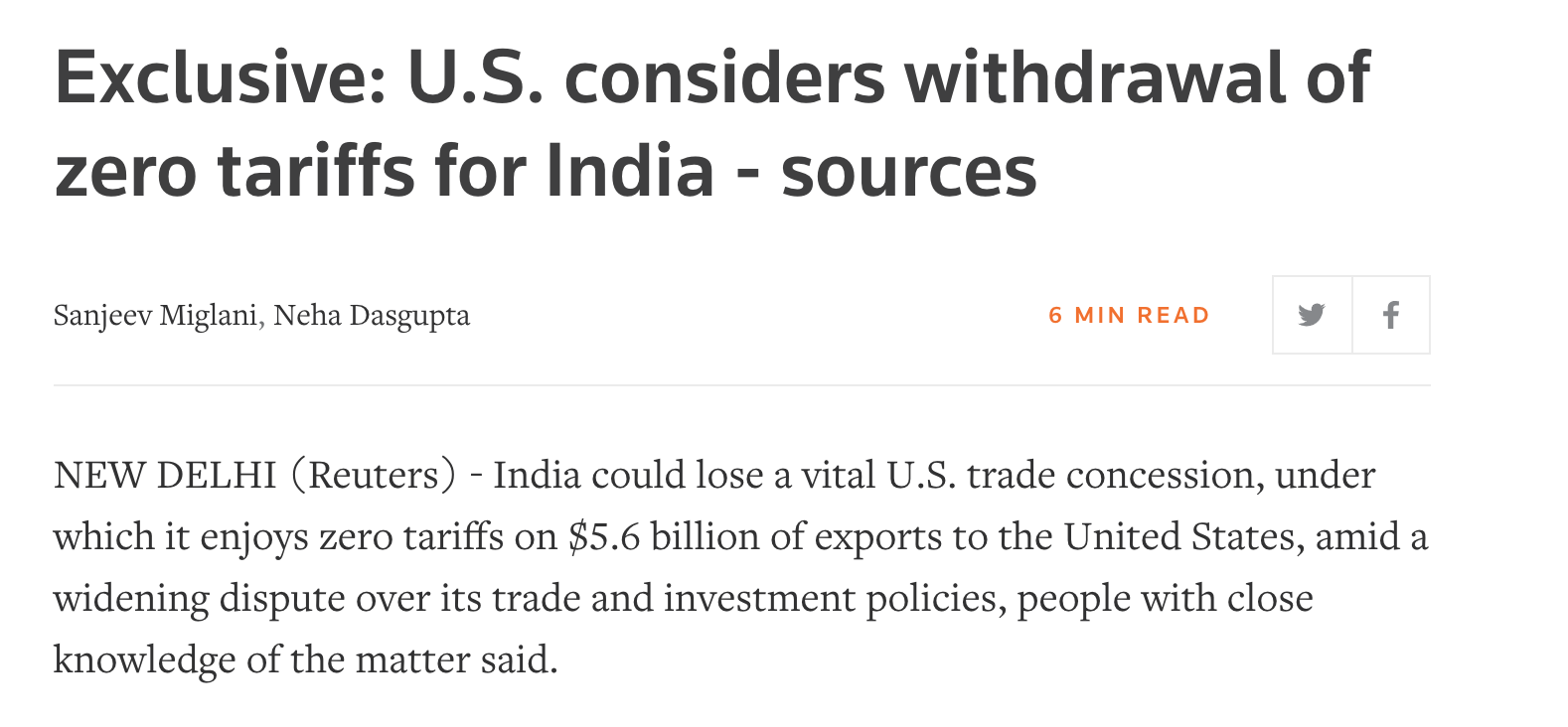 美国考虑撤销印度零关税待遇 路透社称这将是
