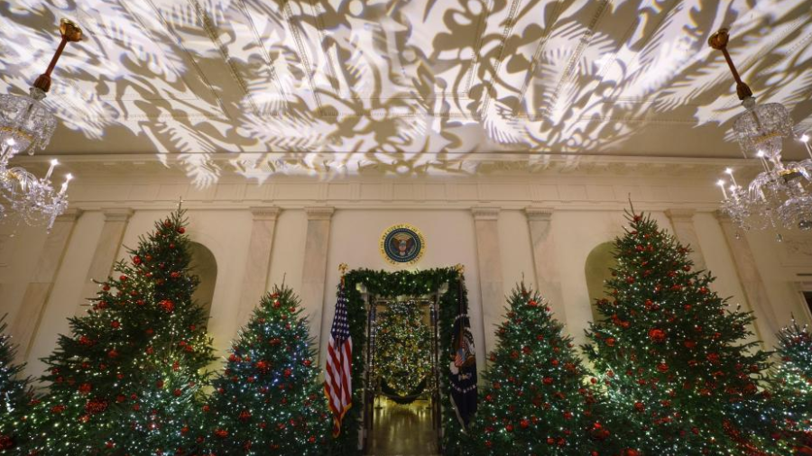 当地时间2018年11月26日，美国华盛顿，2018年白宫圣诞装饰预展举行，圣诞装饰布满，宛如童话世界。
