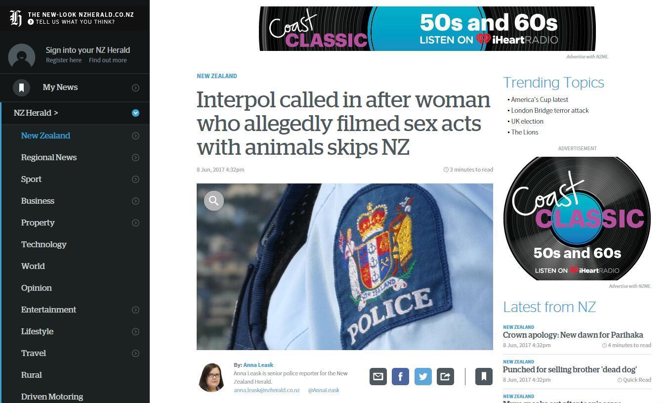 新西兰华人女子出逃中国 涉自拍兽交视频并传播 新西兰华人女子出逃中国 涉自拍兽交视频并传播