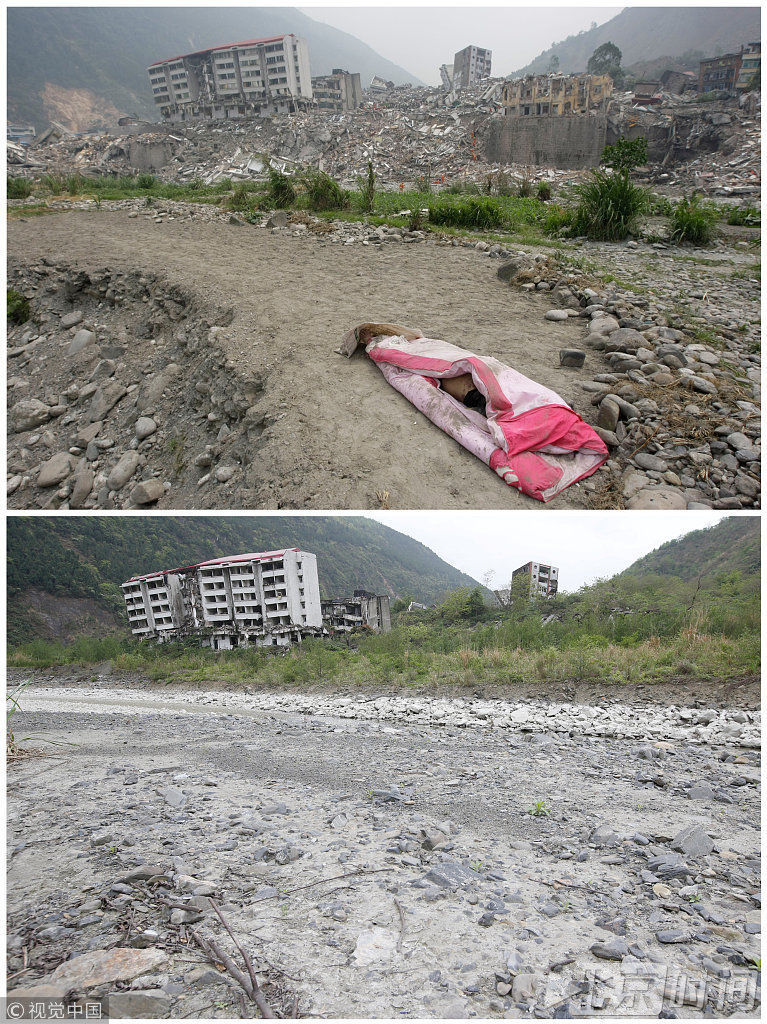 汶川地震十年后的灾区:上图为2008年5月15日,地震后三天,一具盖着的遗体躺在路面上。下图为2018年4月6日,同一地点。