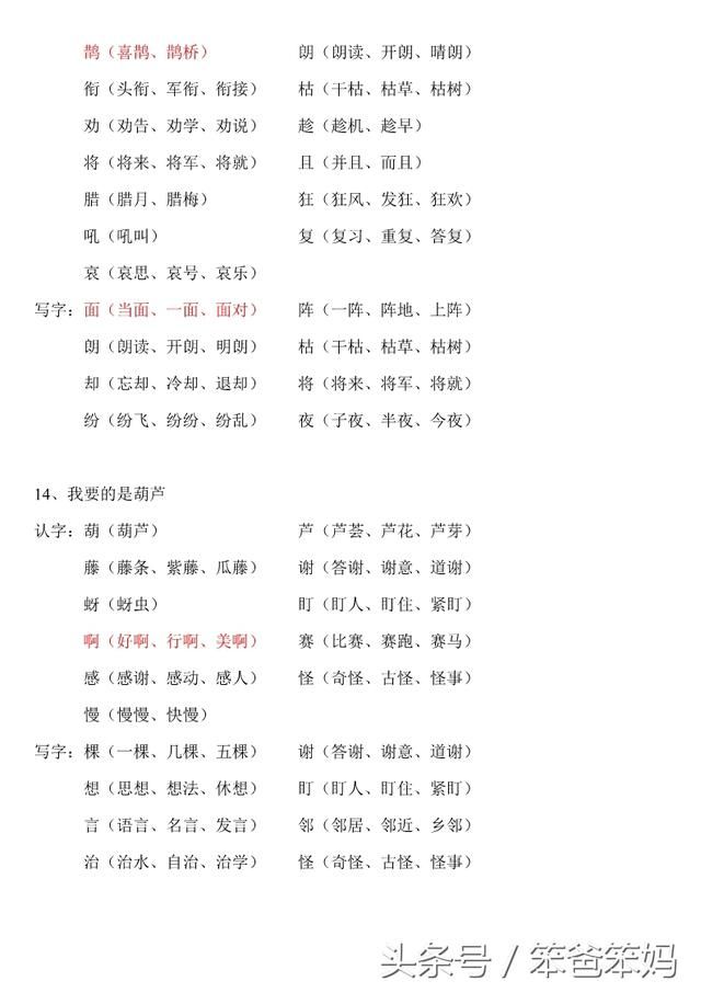 部教版语文二年级上的生字注音、描红、组词、