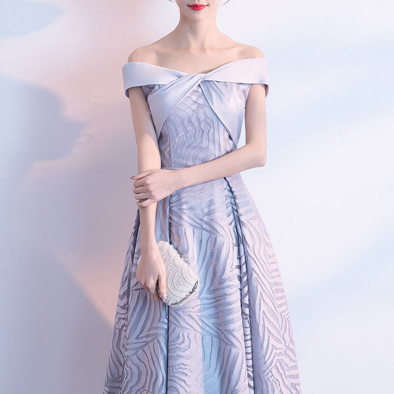 一字肩礼服裙女2018新款端庄大气香槟色中长