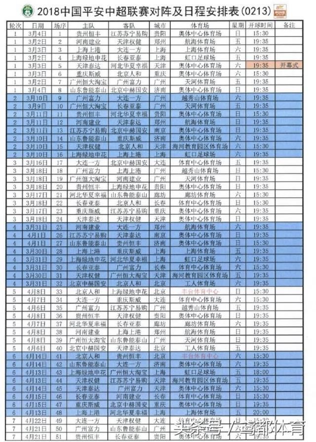 官方:山东鲁能泰山2018中超联赛完整赛程 附:中