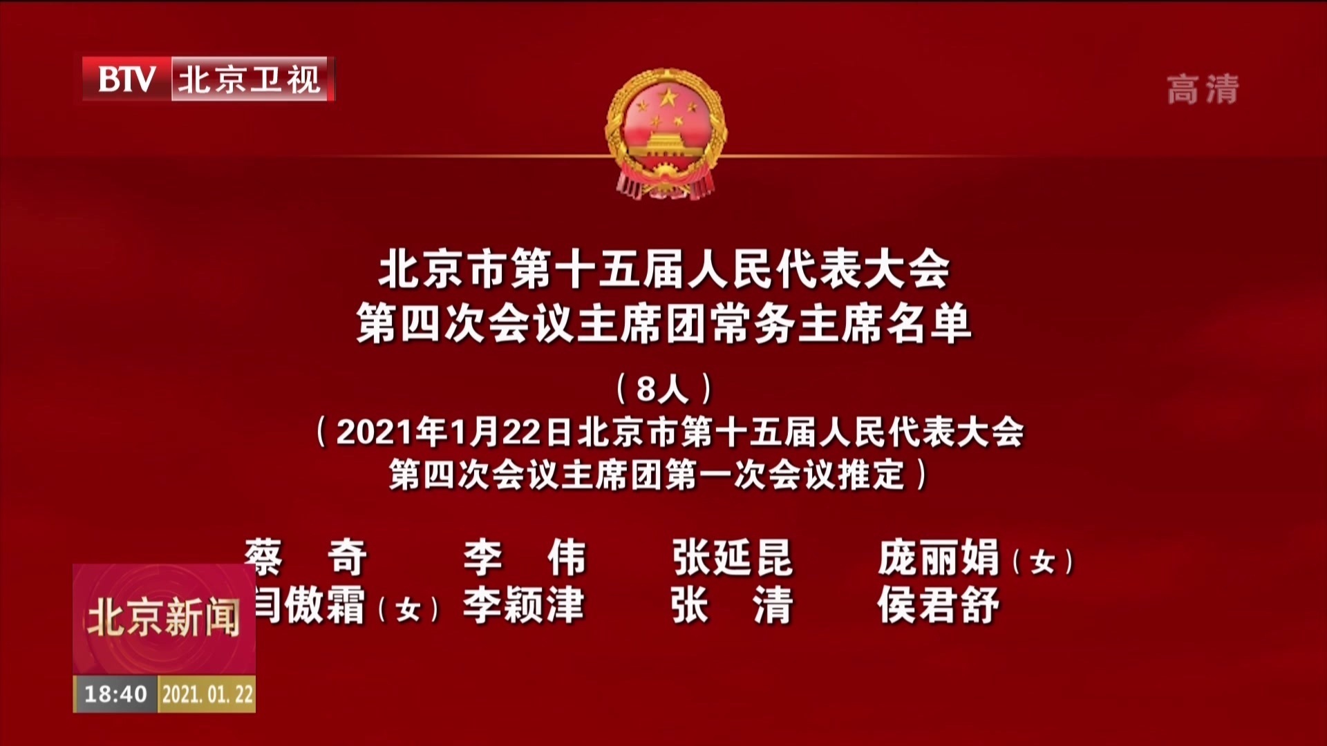 北京市第十五届人民代表大会第四次会议主席团常务主席名单