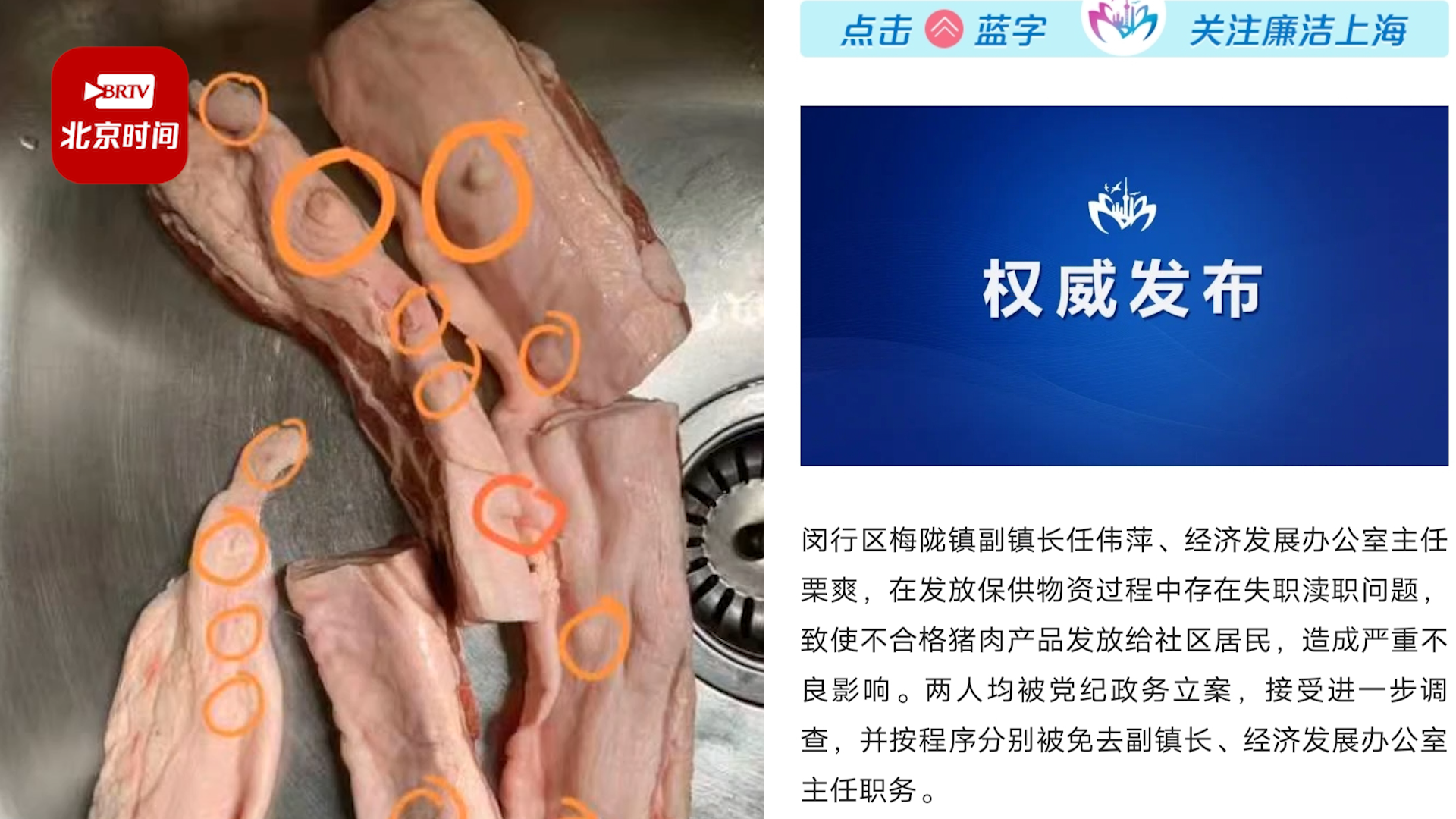 变质肉、边角料发给上海市民 两干部被免职，多人被采取刑事强制措施