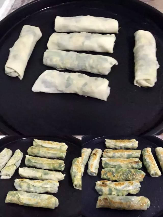放上包好的春卷,煎至两面金黄