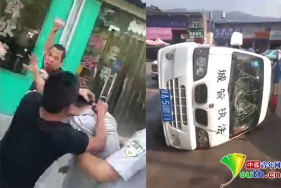 西瓜摊主占道经营遇城管 抗拒执法还掀翻执法车 西瓜摊主占道经营遇城管 抗拒执法还掀翻执法车