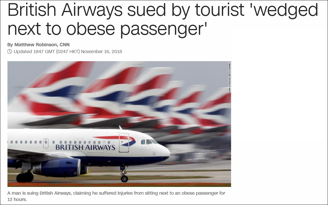 男子乘飞机时因旁边坐了“胖子” 把英国航空告了