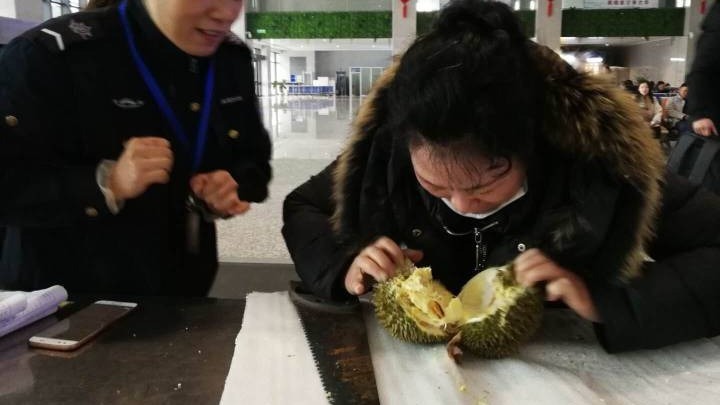旅客带榴莲坐高铁被拒 现场锯开吃光