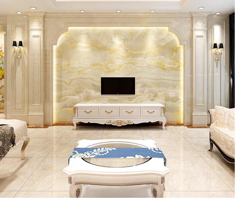 大理石罗马柱电视背景墙+瓷砖微晶石客厅电视