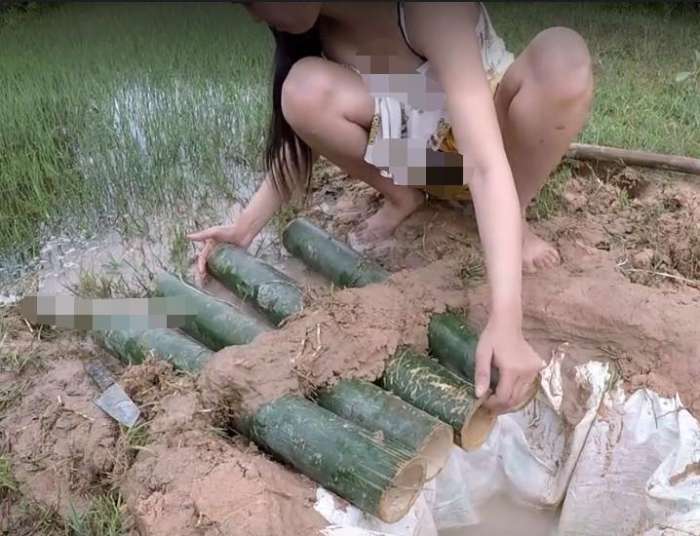 实拍: 女子用竹子造捕鱼陷阱放在河里, 第二天看