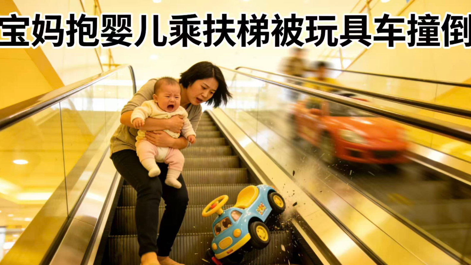 惊险 宝妈抱婴儿乘扶梯被玩具车撞倒 惊险 宝妈抱婴儿乘扶梯被玩具车撞倒