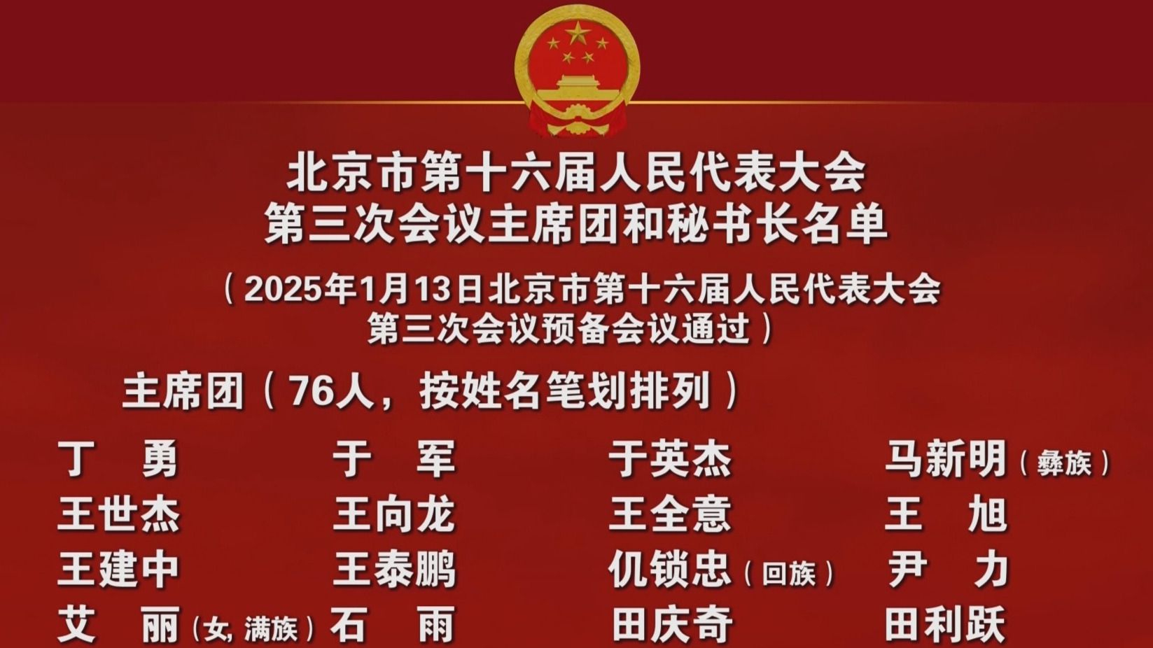 北京市第十六届人民代表大会第三次会议主席团和秘书长名单