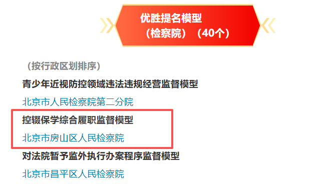 喜报!房山区检察院获评“优胜提名模型(检察院)” 喜报!房山区检察院获评“优胜提名模型(检察院)”