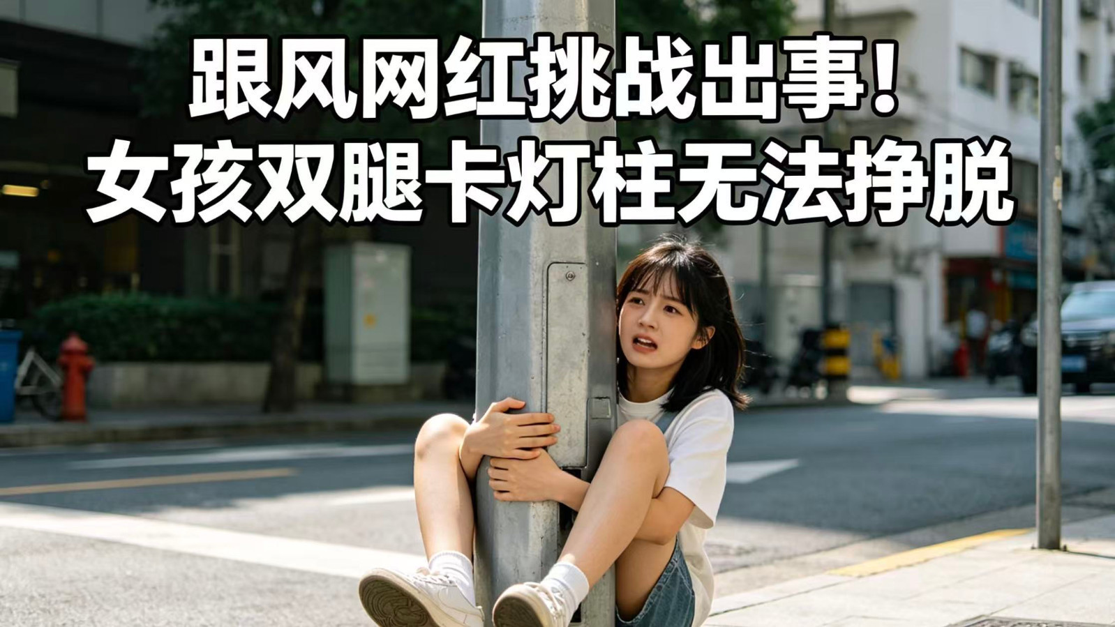 跟风网红挑战出事！女孩双腿卡灯柱无法挣脱