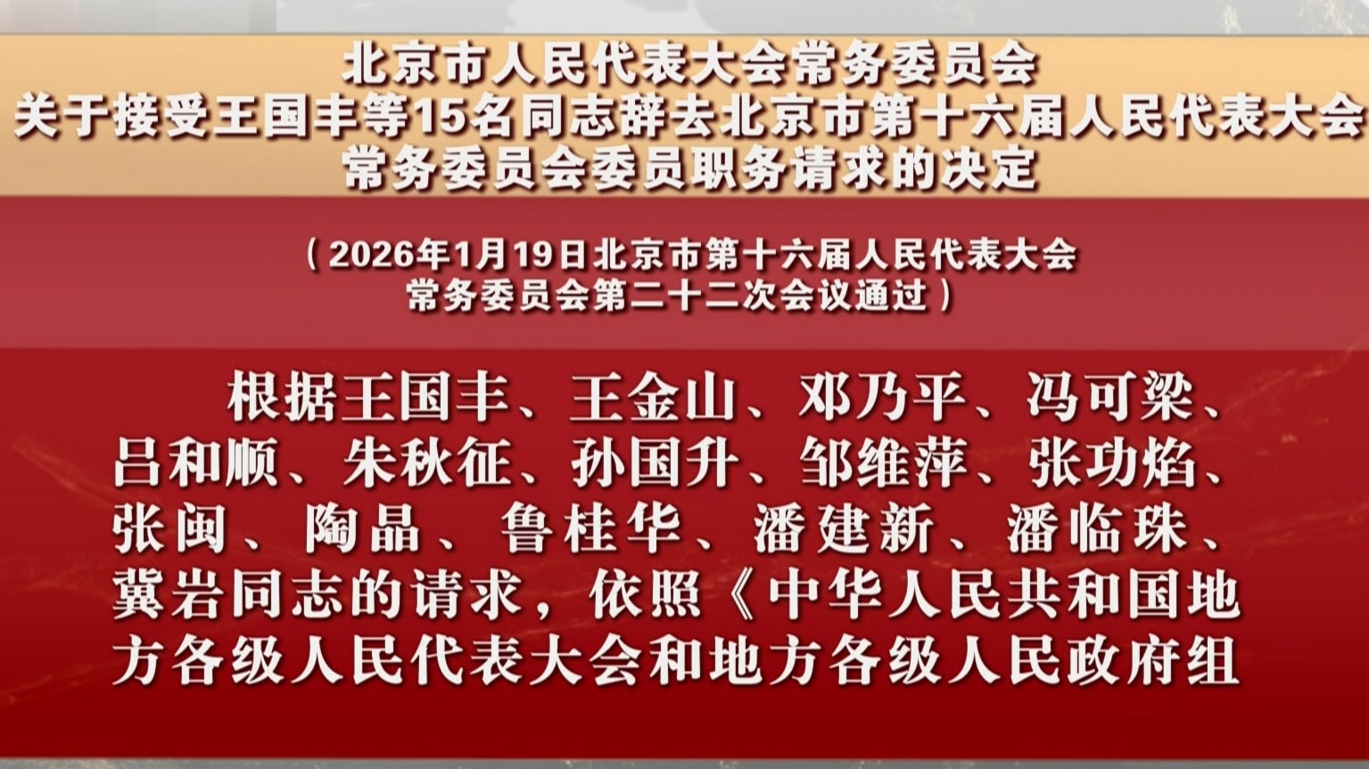 关于接受王国丰等15名同志辞去北京市第十六届人民代表大会常务委员会委员职务请求的决定 关于接受王国丰等15名同志辞去北京市第十六届人民代表大会常务委员会委员职务请求的决定